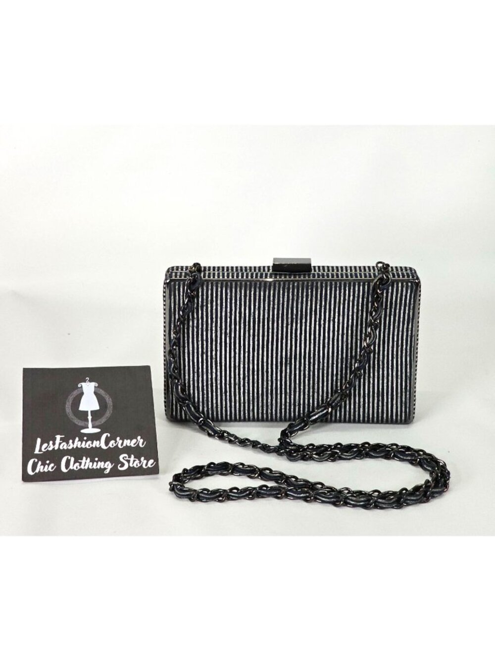 MNG Women's Black and Silver Striped Chain Crossboby Bag Small 1924
